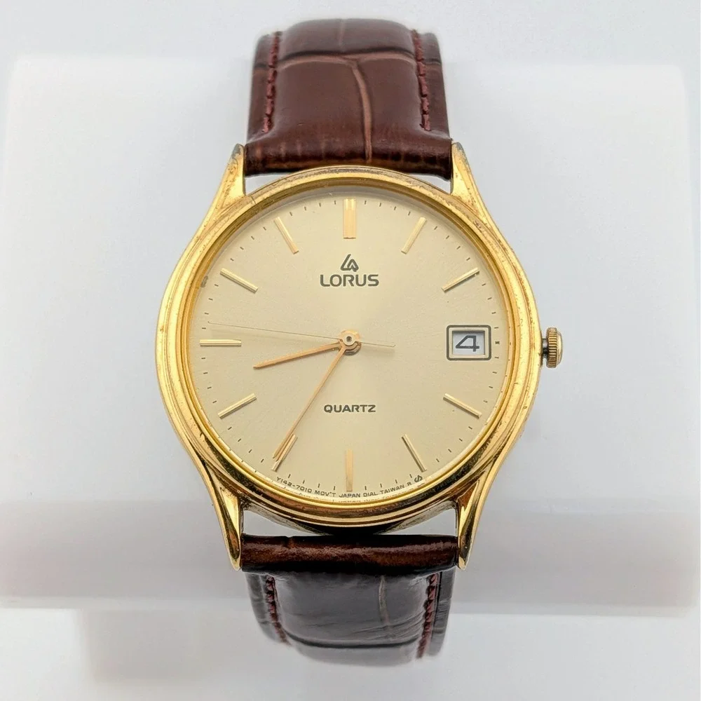 Vintage Lorus by Seiko Y142-7000 Men's Gold Tone Quartz Date Dress Watch 33mm